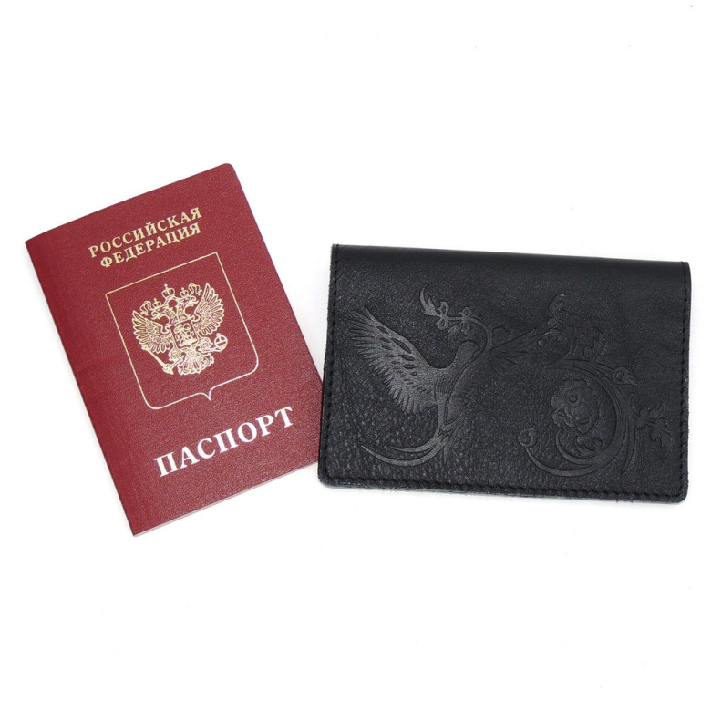 Обложка для паспорта черная кожаная ОП-71 Птица